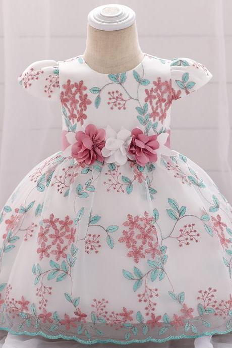  Embroidery Flower Girl Dress Short Sleeve Newborn Baby Baptism Birthday Party Gown Kids Clothes bean pink