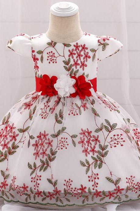  Embroidery Flower Girl Dress Short Sleeve Newborn Baby Baptism Birthday Party Gown Kids Clothes red
