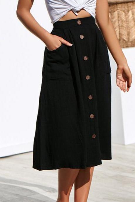  Women A-Line Skirt High Waist Summer Casual Button Pockets Female Midi Skirt black