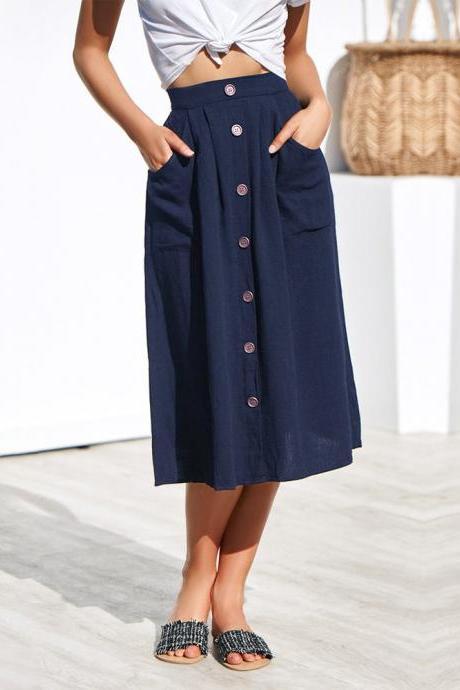 Women A-line Skirt High Waist Summer Casual Button Pockets Female Midi Skirt Navy Blue