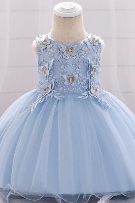  Butterfly Flower Girl Dress Newborn Baby Wedding Baptism 1st Birthday Party Gown Kids Clothes sky blue