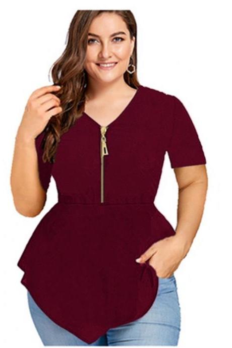 Women Asymmetric T Shirt Summer Short Sleeve V Neck Casual Zipper Tunic Plus Size Tops Wine Red