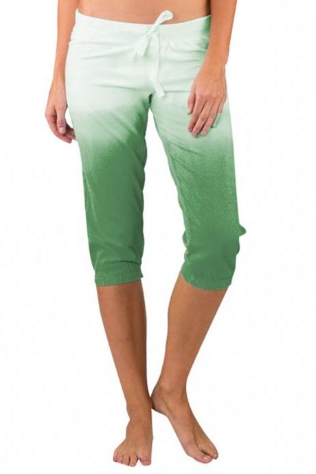 Women Gradient Color Cropped Pants Drawstring Mid Waist Summer Casual Slim Fitness Trousers green