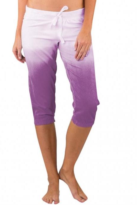 Women Gradient Color Cropped Pants Drawstring Mid Waist Summer Casual Slim Fitness Trousers purple