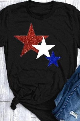 Women T Shirt Summer Short Sleeve O-Neck Casual Star Printed Plus Size Tee Tops black