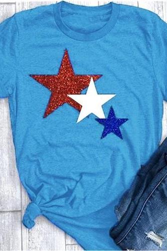 Women T Shirt Summer Short Sleeve O-neck Casual Star Printed Plus Size Tee Tops Blue