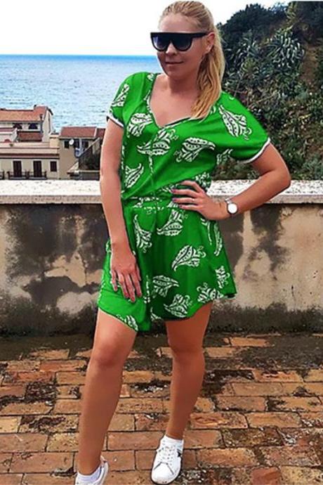 Women Two Piece Set Short Sleeve T Shirt+skirt Summer Casual Floral Printed Mini Dress Green