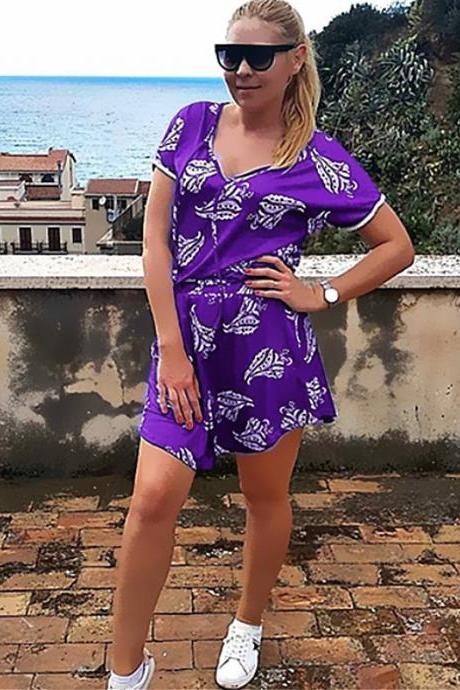 Women Two Piece Set Short Sleeve T Shirt+skirt Summer Casual Floral Printed Mini Dress Purple