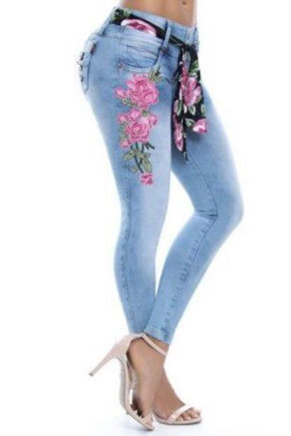 Women Denim Pants Embroidery Floral High Waist Plus Size Skinny Casual Pencil Jeans Trousers jeans blue