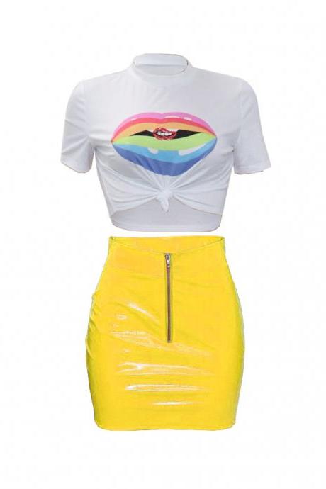  Women Tracksuit Summer Short Sleeve Crop Top+Mini Pu Leather Skirt Club Party Two Pieces Set yellow