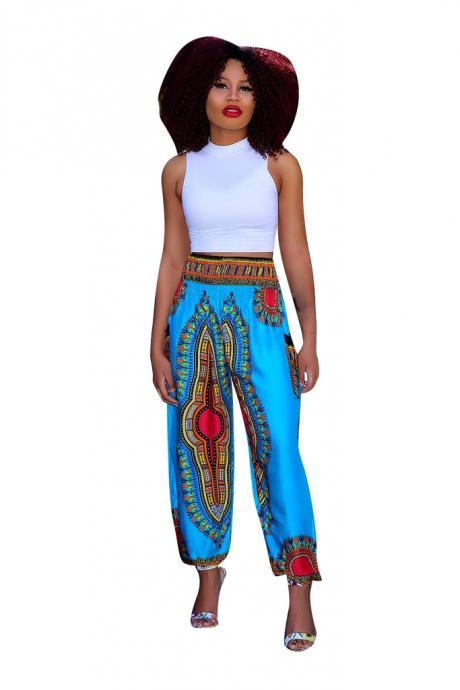 Women Wide Leg Pants Summer Beach Casual Loose Bohemian Totem Digital Printed Long Trousers Light Blue