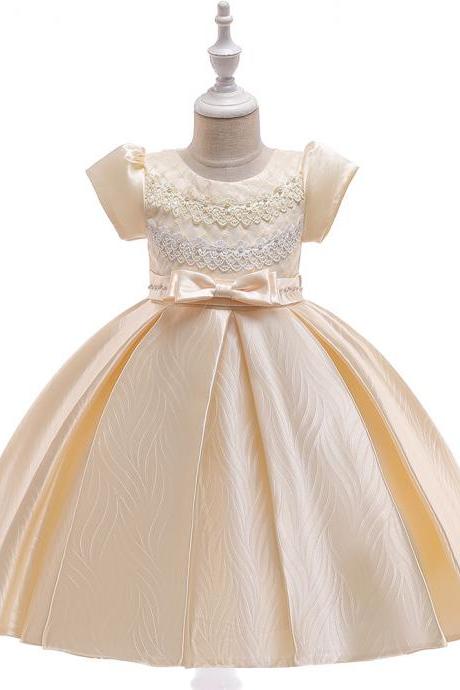 Lace Flower Girl Dress Short Sleeve Formal Birthday Party Ball Gown Children Kids Clothes champagne