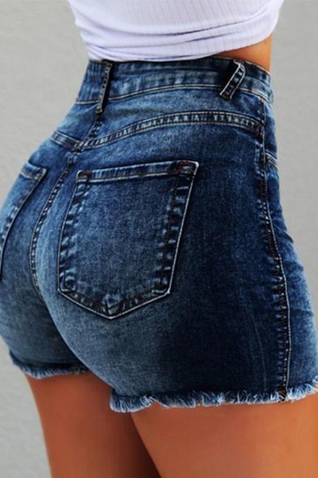 Women Denim Shorts Summer High Waist Ripped Hole Tassel Casual Slim Bodycon Short Jeans dark blue