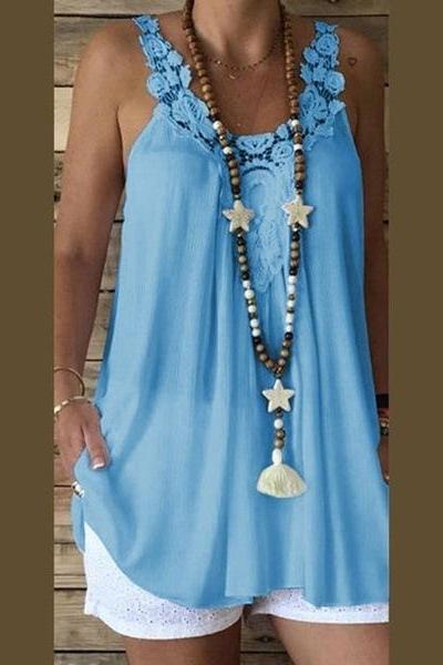 Women Tank Tops V Neck Summer Lace Patchwork Plus Size Vest Casual Loose Sleeveless T Shirt sky blue