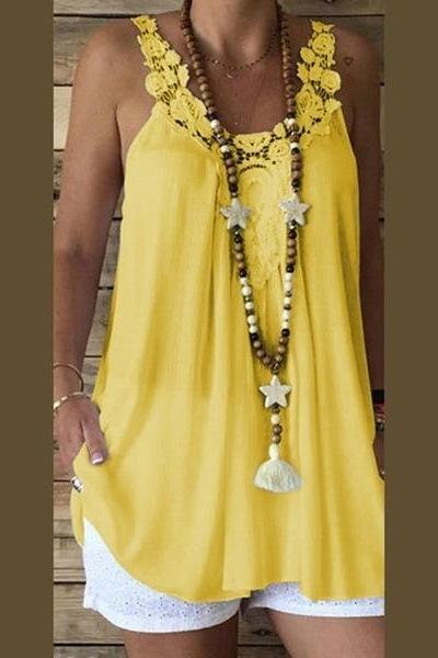 Women Tank Tops V Neck Summer Lace Patchwork Plus Size Vest Casual Loose Sleeveless T Shirt Yellow