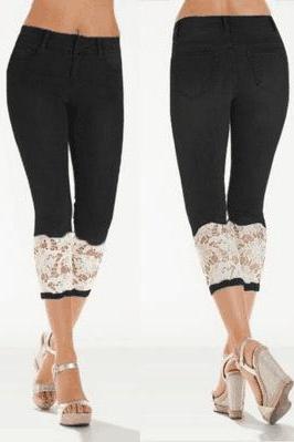 Women Jeans Summer Mid Waist Skinny Lace Patchwork Plus Size Stretch Calf-Length Denim Pants black