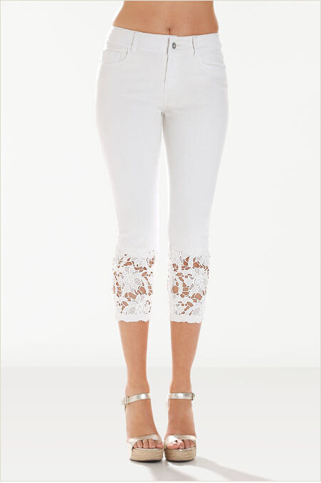 Women Jeans Summer Mid Waist Skinny Lace Patchwork Plus Size Stretch Calf-Length Denim Pants white