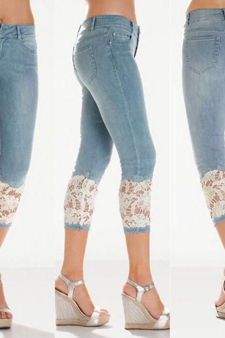  Women Jeans Summer Mid Waist Skinny Lace Patchwork Plus Size Stretch Calf-Length Denim Pants blue