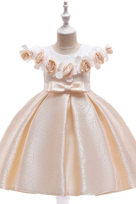 Princess Flower Girl Dress Floral Satin Formal Party Birthday Gown Children Kids Clothes champagne