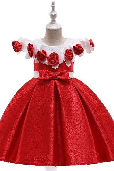  Princess Flower Girl Dress Floral Satin Formal Party Birthday Gown Children Kids Clothes red