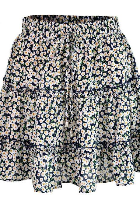 Women Mini Skirt High Waist Ruffles Casual Summer Beach Boho Floral Printed Short A-line Skirt Navy Blue Floral