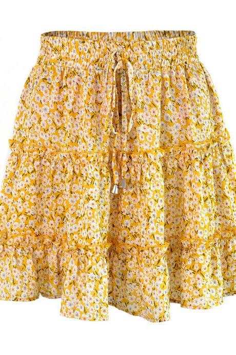  Women Mini Skirt High Waist Ruffles Casual Summer Beach Boho Floral Printed Short A-Line Skirt yellow floral