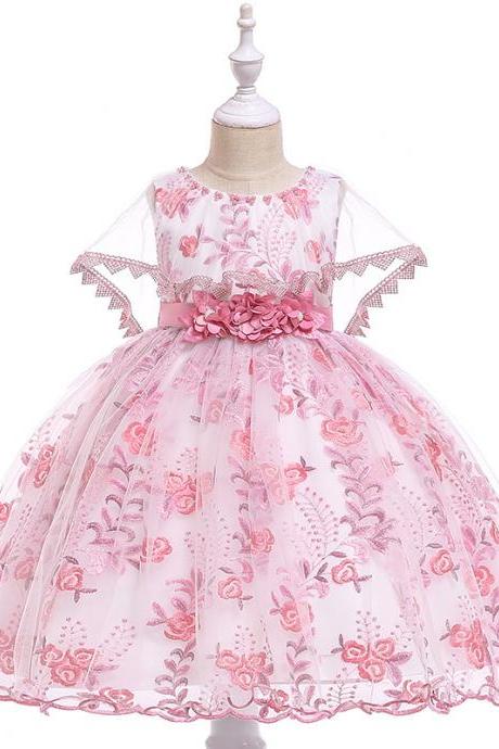  Embroidery Lace Flower Girl Dress Princess Birthday Formal Party Ball Gown Children Kids Clothes bean pink