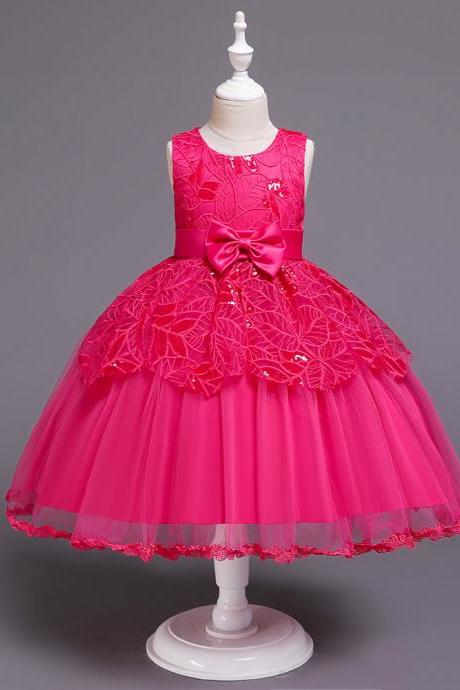 Lace Flower Girl Dress Princess Wedding Communion Birthday Party Gown Children Kids Clothes hot pink