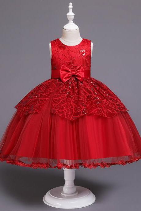  Lace Flower Girl Dress Princess Wedding Communion Birthday Party Gown Children Kids Clothes wine red