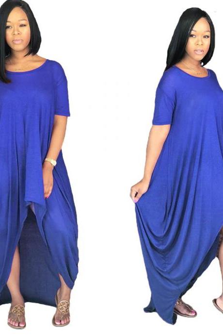 Women Asymmetrical Dress Summer Short Sleeve Streetwear Casual Loose High Low Dress blue