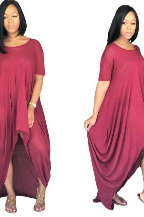 Women Asymmetrical Dress Summer Short Sleeve Streetwear Casual Loose High Low Dress Crimson