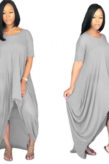 Women Asymmetrical Dress Summer Short Sleeve Streetwear Casual Loose High Low Dress gray