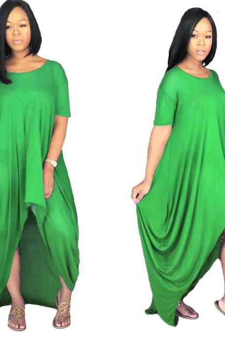 Women Asymmetrical Dress Summer Short Sleeve Streetwear Casual Loose High Low Dress green