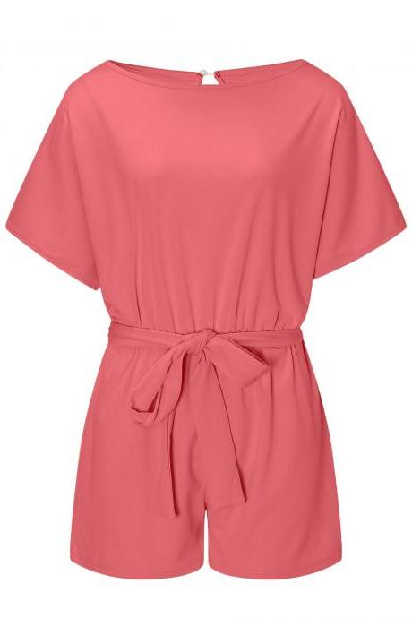 Women Jumpsuit Summer Short Sleeve Belted Casual Shorts Rompers Playsuit coral