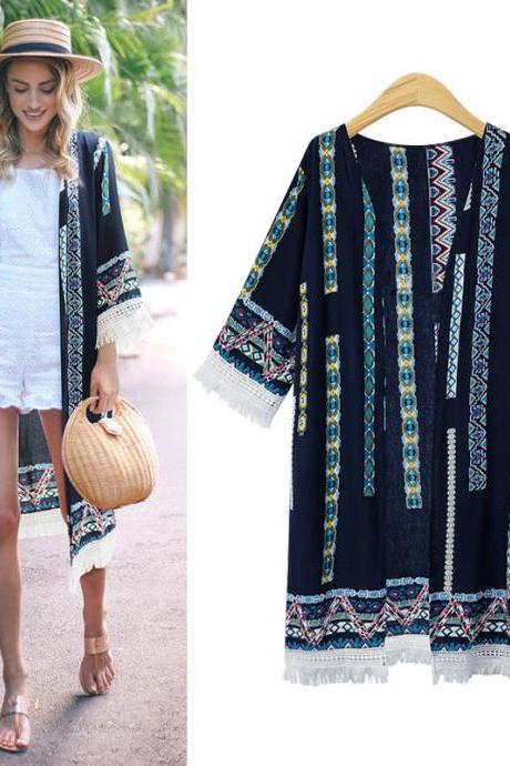 Women Cardigan Coat Floral Printed Tassels 3/4 Sleeve Plus Size Casual Loose Long Jacket navy blue