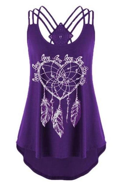 Women Floral Tank Top Summer Spaghetti Strap Lace Asymmetrical Sleeveless T Shirt purple