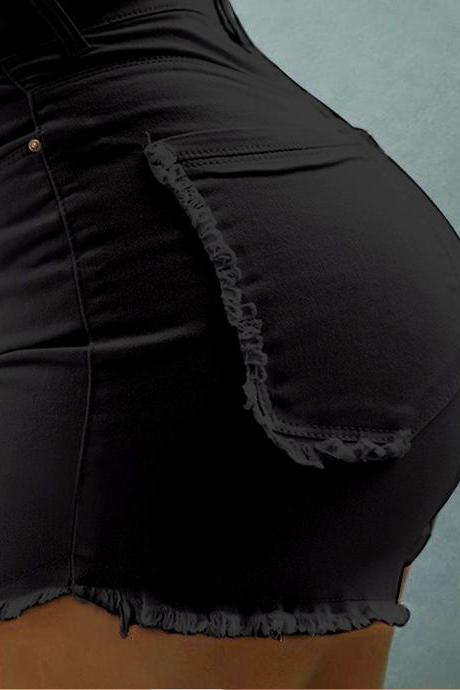 Women Denim Shorts Summer Slim High Waist Tassel Casual Mini Skinny Shorts black