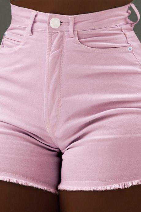  Women Denim Shorts Summer Slim High Waist Tassel Casual Mini Skinny Shorts pink