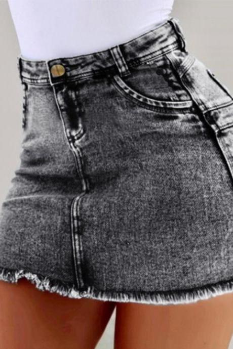 Women Short Jeans Skirt Summer High Waist Pockets Casual Bodycon Mini Pencil Denim Skirt gray