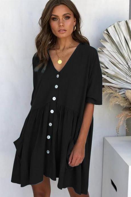 Women Casual Dress Summer Half Sleeve V Neck Pockets Buttons Loose Mini Dress Black