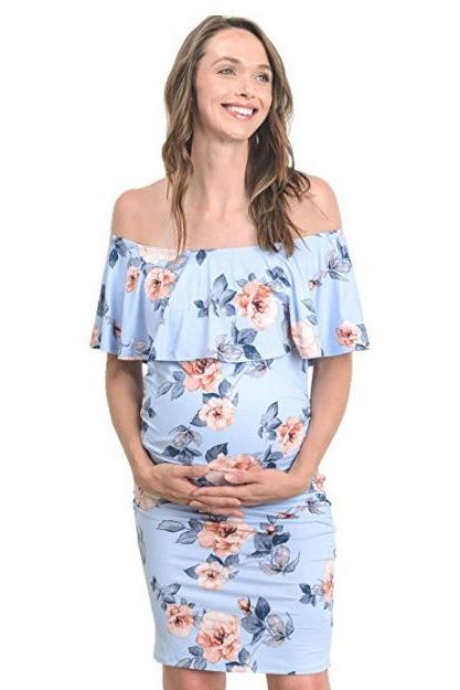 Women Maternity Dress Summer Off Shoulder Floral Printed Casual Bodycon Mini Pregnant Party Dress light blue