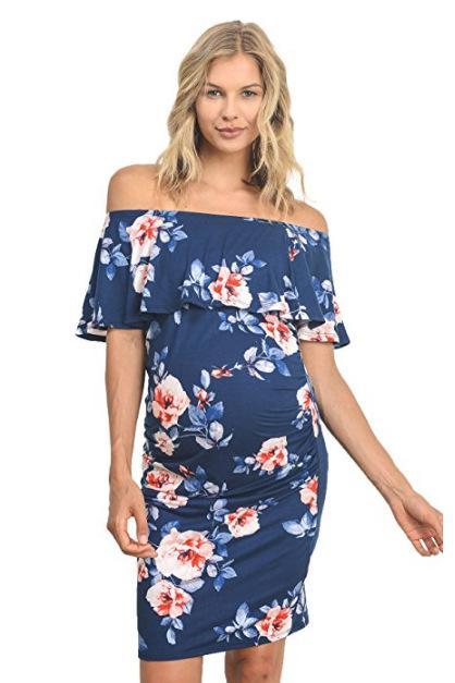 Women Maternity Dress Summer Off Shoulder Floral Printed Casual Bodycon Mini Pregnant Party Dress navy blue