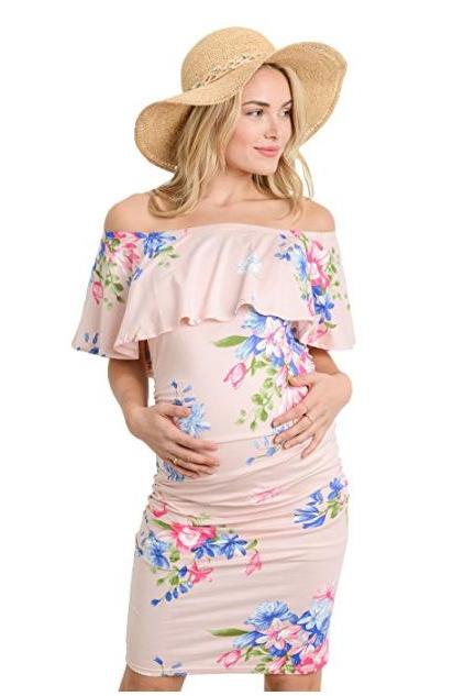 Women Maternity Dress Summer Off Shoulder Floral Printed Casual Bodycon Mini Pregnant Party Dress Pink