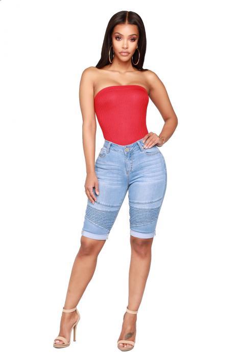Women Jeans Summer Mid Waist Skinny Knee Length Female Stretch Denim Shorts Pants Light Blue