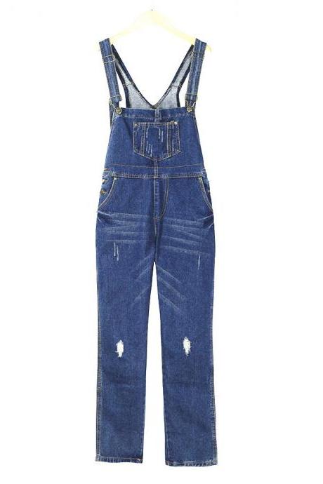 Women Denim Jumpsuit Ripped Holes Suspenders Pants Casual Loose Jeans Rompers Overalls blue