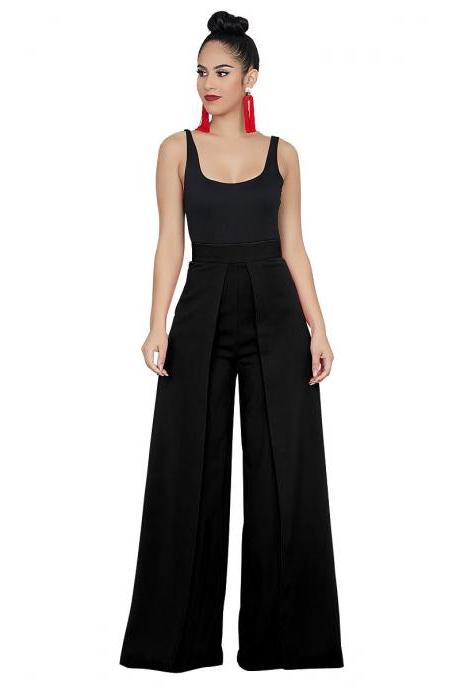 Women Wide Leg Pants Casual High Waist Loose Back Zipper Work Office Long Trousers Black