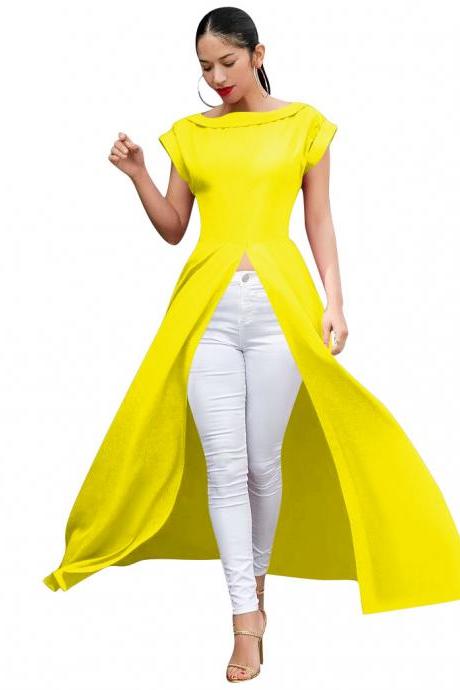 Women Maxi Dress O-neck Short Sleeve Front High Split Casual Long Club Party Dress Yellow