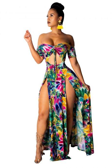 Women Floral Print Maxi Dress Off Shoulder Short Sleeve High Split Summer Beach Boho Casual Long Dress 4#