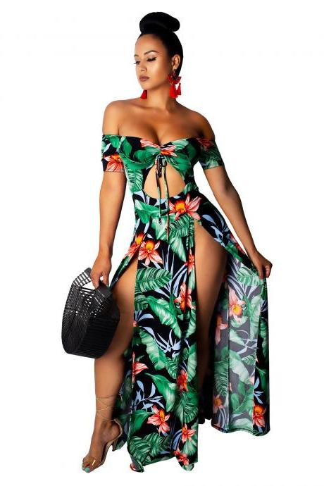 Women Floral Print Maxi Dress Off Shoulder Short Sleeve High Split Summer Beach Boho Casual Long Dress 7#