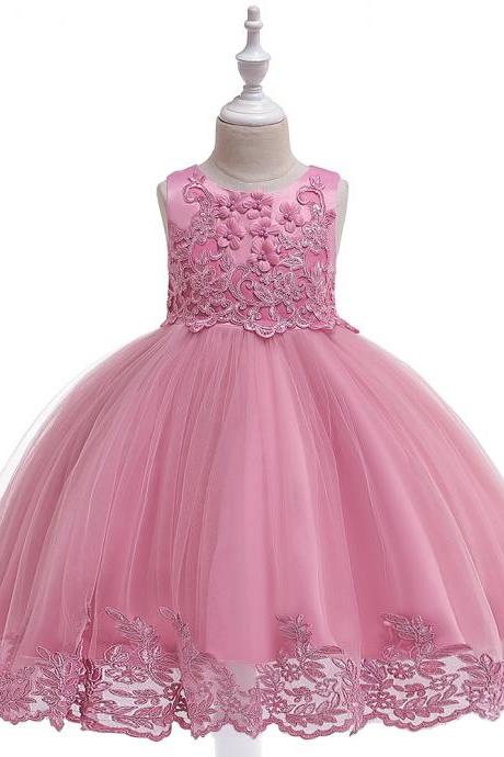 Applique Lace Flower Girl Dress Princess Wedding Birthday Prom Party Tutu Gonws Kids Children Clothes bean pink